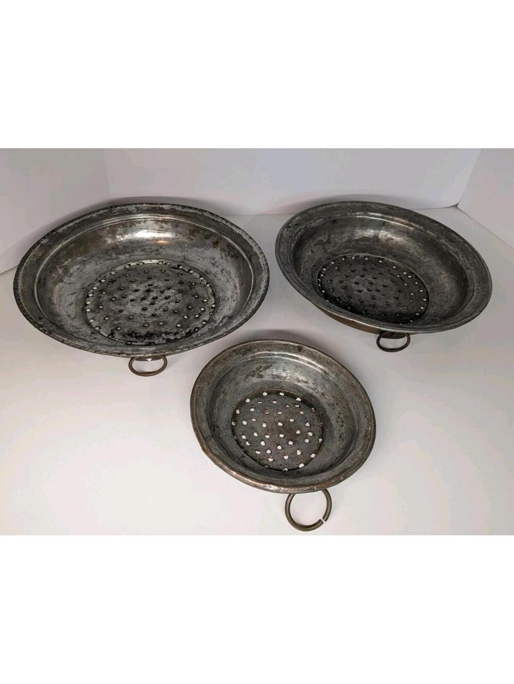 Antique Copper Colander Strainer Lot 3 Hand Punched Iron Ring Handle Tinned